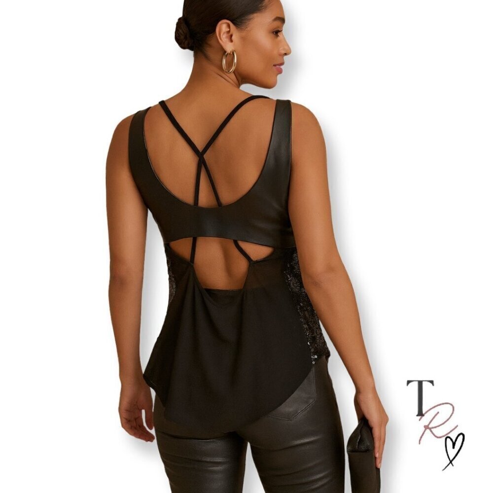 548 Black Sequin Tank Top with Strappy Back & Faux Leather Detail Size 2